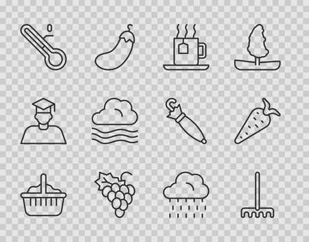 Set line Basket, Garden rake, Cup of tea with tea bag, Grape fruit, Meteorology thermometer, Windy weather, Cloud rain and Carrot icon. Vectorのイラスト素材