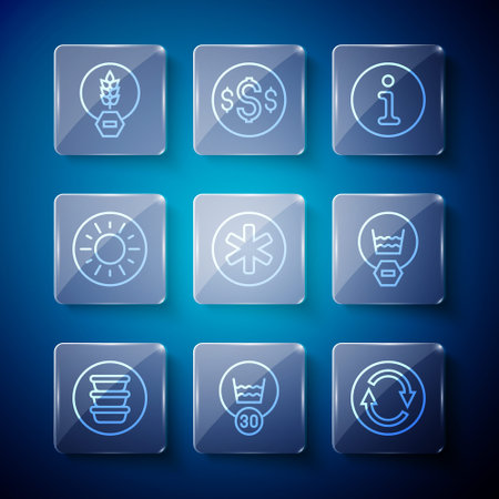 Set line Bowl, Temperature wash, Recycle symbol, Information, Medical of the Emergency, Sun, Gluten free grain and Delicate icon. Vectorのイラスト素材