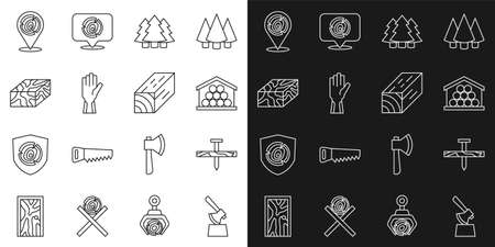 Set line Wooden axe in stump, Metallic nail, logs, Christmas tree, Protective gloves, beam, and icon. Vectorのイラスト素材