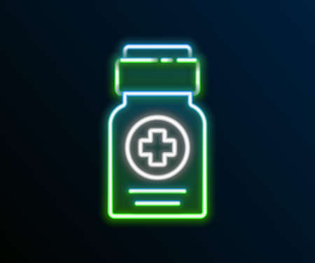 Glowing neon line Medicine bottle icon isolated on black background. Bottle pill sign. Pharmacy design. Colorful outline concept. Vectorのイラスト素材