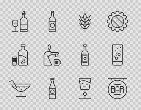Set line Cocktail, Street signboard with Bar, Hop, Beer bottle, Wine glass, tap, and Effervescent tablets water icon. Vectorのイラスト素材