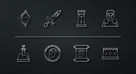 Set line Medieval bow and arrow, Sword in the stone, knight, Decree, parchment, scroll, Ancient coin, sword, King crown and Castle tower icon. Vectorのイラスト素材