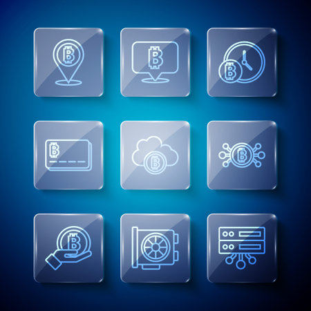 Set line Hand holding Bitcoin, Video graphic card, Server, with clock, Cryptocurrency cloud mining, Credit bitcoin, and circuit icon. Vectorのイラスト素材
