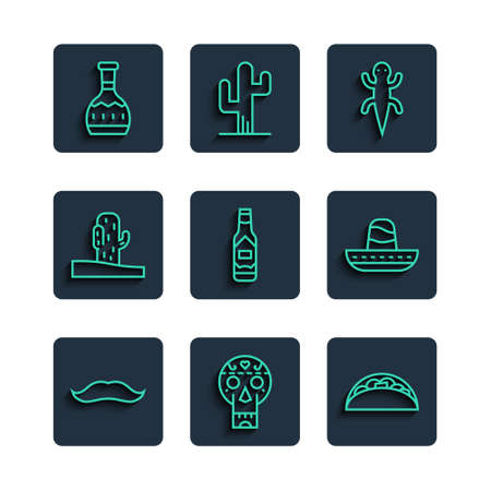 Set line Mustache, Mexican skull, Taco with tortilla, Lizard, Tabasco sauce, Cactus, Tequila bottle and sombrero icon. Vectorのイラスト素材