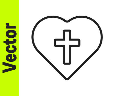 Black line Christian cross in heart icon isolated on white background. Happy Easter. Vectorのイラスト素材
