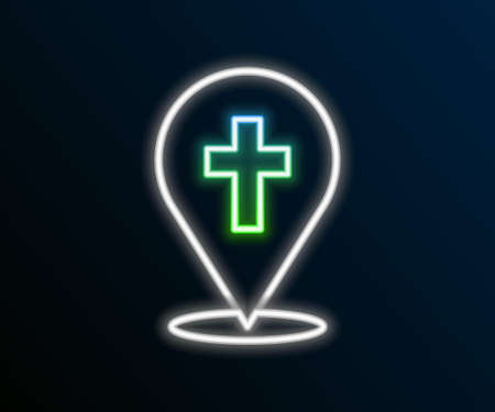 Glowing neon line Map pin church building icon isolated on black background. Christian Church. Religion of church. Colorful outline concept. Vectorのイラスト素材
