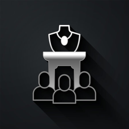 Silver Auction jewelry sale icon isolated on black background. Auction bidding. Sale and buyers. Long shadow style. Vectorのイラスト素材