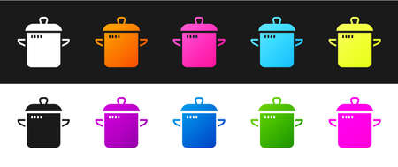 Set Cooking pot icon isolated on black and white background. Boil or stew food symbol. Vectorのイラスト素材