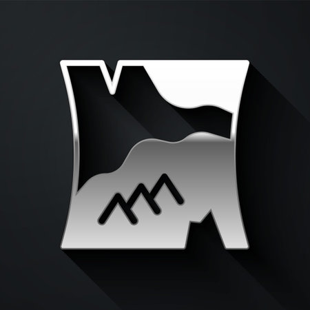 Silver Folded map icon isolated on black background. Long shadow style. Vectorのイラスト素材