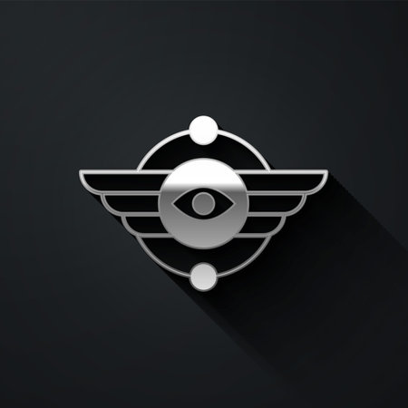 Silver Egyptian symbol Winged sun icon isolated on black background. Long shadow style. Vectorのイラスト素材