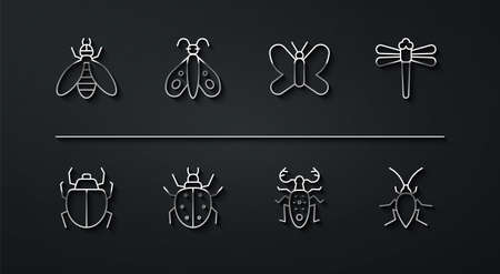 Set line Bee, Mite, Dragonfly, Beetle deer, Butterfly, Cockroach and icon. Vectorのイラスト素材