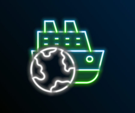 Glowing neon line Cruise ship icon isolated on black background. Travel tourism nautical transport. Voyage passenger ship, cruise liner. Worldwide cruise. Colorful outline concept. Vectorのイラスト素材
