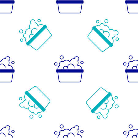 Blue Plastic basin with soap suds icon isolated seamless pattern on white background. Bowl with water. Washing clothes, cleaning equipment. Vectorのイラスト素材