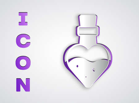 Paper cut Bottle with potion icon isolated on grey background. Flask with magic potion. Happy Halloween party. Paper art style. Vectorのイラスト素材