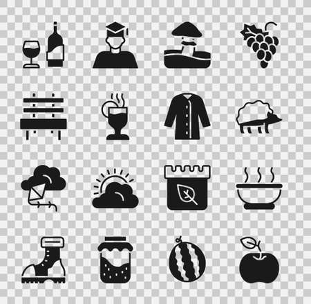 Set Apple, Bowl of hot soup, Hedgehog, Mushroom, Mulled wine, Bench, Wine bottle with glass and Raincoat icon. Vectorのイラスト素材