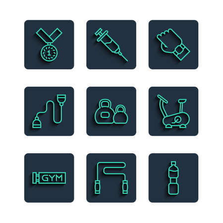Set Line Location Gym Jump Rope Bottle Of Water Smart Watch Hand Kettlebell Chest Expander Medal And Stationary Bicycle Icon Vectorのイラスト 素材 ストックフォト 写真素材のstock Foto ストックドットフォト
