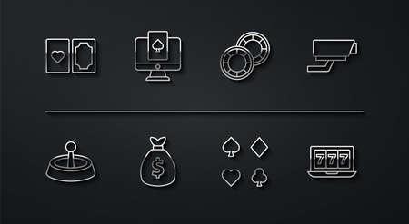 Set line Deck of playing cards, Casino roulette wheel, Security camera, Money bag, Online poker table game, slot machine with jackpot and chips icon. Vectorのイラスト素材