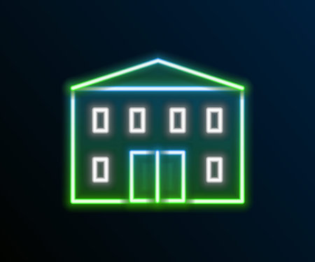 Glowing neon line School building icon isolated on black background. Colorful outline concept. Vectorのイラスト素材