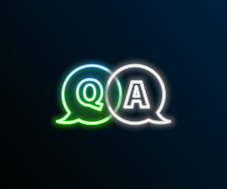 Glowing neon line Speech bubbles with Question and Answer icon isolated on black background. Q and A symbol. FAQ sign. Chat speech bubble and chart. Colorful outline concept. Vectorのイラスト素材