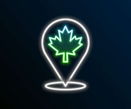 Glowing neon line Canadian landscape with mountains and lake icon isolated on black background. Colorful outline concept. Vectorのイラスト素材