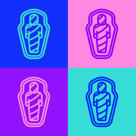 Pop art line Egypt mummy in sarcophagus icon isolated on color background. Vectorのイラスト素材