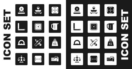 Set Area measurement, Clock, Corner ruler, Diameter, Measuring cup, Scales, Weight and Protractor icon. Vectorのイラスト素材