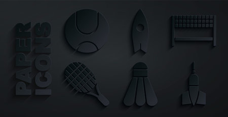 Set Badminton shuttlecock, Ribbon finishing line, Tennis racket, Dart arrow, Surfboard and ball icon. Vectorのイラスト素材