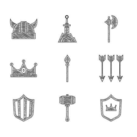 Set Medieval spear, Hammer, Shield with crown, Crossed arrows, King, axe and Viking horned helmet icon. Vectorのイラスト素材
