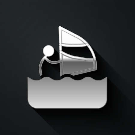 Silver Windsurfing icon isolated on black background. Long shadow style. Vectorのイラスト素材