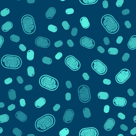 Green line Fingerprint icon isolated seamless pattern on blue background. ID app icon. Identification sign. Touch id. Vectorのイラスト素材