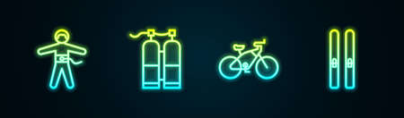 Set line Bungee jumping, Aqualung, Bicycle and Ski and sticks. Glowing neon icon. Vectorのイラスト素材