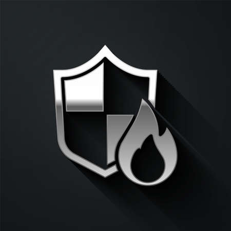 Silver Fire protection shield icon isolated on black background. Insurance concept. Security, safety, protection, protect concept. Long shadow style. Vectorのイラスト素材