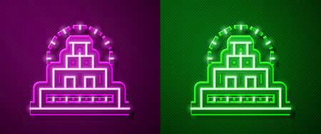 Glowing neon line Chichen Itza in Mayan icon isolated on purple and green background. Ancient Mayan pyramid. Famous monument of Mexico. Vectorのイラスト素材