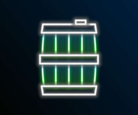 Glowing neon line Wooden barrel icon isolated on black background. Alcohol barrel, drink container, wooden keg for beer, whiskey, wine. Colorful outline concept. Vectorのイラスト素材