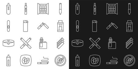 Set line No tobacco leaf, Cigarette rolling papers, Vape mod device, Lighter, Electronic cigarette and Broken icon. Vectorのイラスト素材