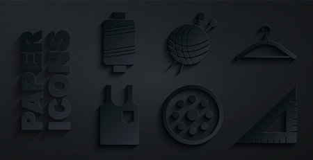 Set Sewing button, Hanger wardrobe, Sleeveless T-shirt, Triangular ruler, Yarn ball with knitting needles and thread icon. Vectorのイラスト素材