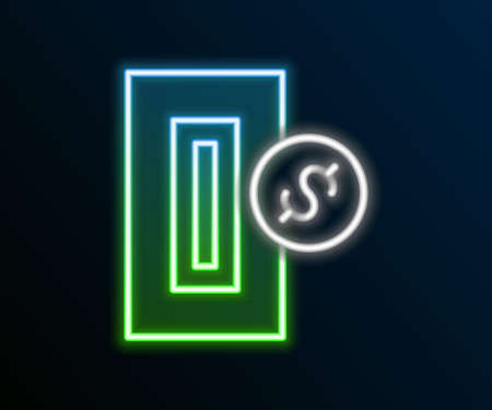Glowing neon line Hand inserting coin to a slot on a vending machine or arcade machine icon isolated on black background. Colorful outline concept. Vectorのイラスト素材