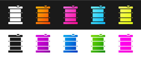 Set Radioactive waste in barrel icon isolated on black and white background. Toxic refuse keg. Radioactive garbage emissions, environmental pollution. Vectorのイラスト素材