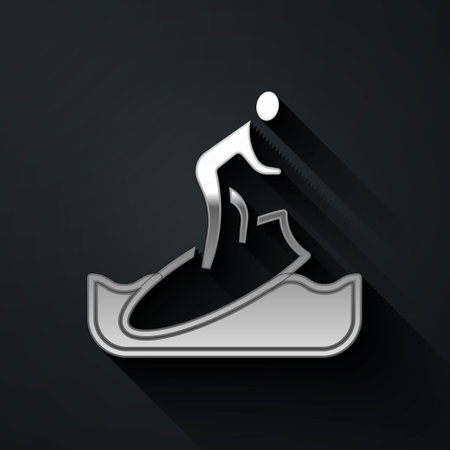 Silver Surfboard icon isolated on black background. Surfing board. Extreme sport. Sport equipment. Long shadow style. Vector.のイラスト素材