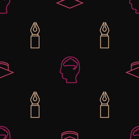 Set line Graduation cap, Fountain pen nib and Human brain on seamless pattern. Vectorのイラスト素材