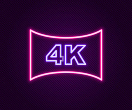 Glowing neon line Screen tv with 4k Ultra HD video technology icon isolated on black background. Colorful outline concept. Vectorのイラスト素材