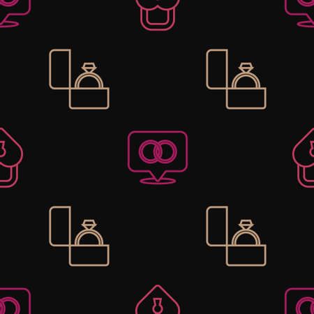 Set line Castle in the shape of heart, Diamond engagement ring and Wedding rings on seamless pattern. Vectorのイラスト素材