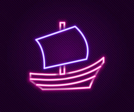 Glowing neon line Egyptian ship icon isolated on black background. Egyptian papyrus boat. Colorful outline concept. Vectorのイラスト素材