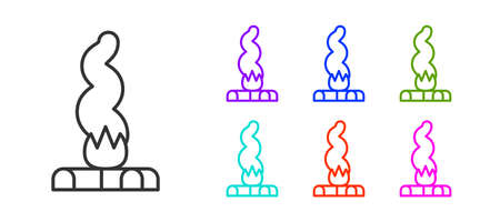 Black line Campfire icon isolated on white background. Burning bonfire with wood. Set icons colorful. Vectorのイラスト素材