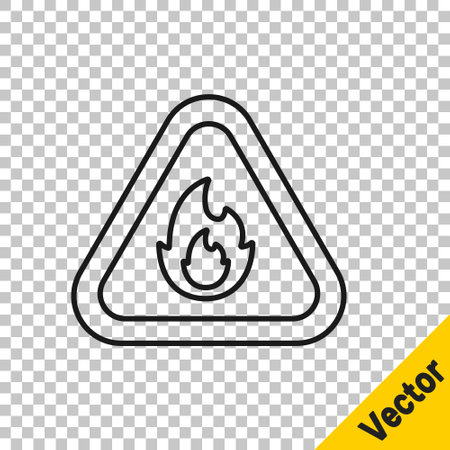 Black line Fire flame in triangle icon isolated on transparent background. Warning sign of flammable product. Vectorのイラスト素材