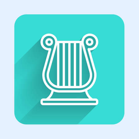 White line Ancient Greek lyre icon isolated with long shadow background. Classical music instrument, orhestra string acoustic element. Green square button. Vectorのイラスト素材