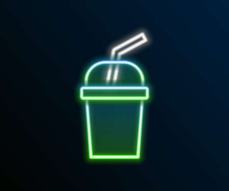 Glowing neon line Paper glass with drinking straw and water icon isolated on black background. Soda drink glass. Fresh cold beverage symbol. Colorful outline concept. Vectorのイラスト素材