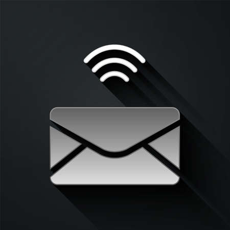 Silver Mail and e-mail icon isolated on black background. Envelope symbol e-mail. Email message sign. Long shadow style. Vectorのイラスト素材