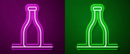 Glowing neon line Bottle of wine icon isolated on purple and green background. Vectorのイラスト素材