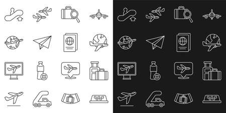 Set line Taxi car roof, Suitcase, Globe with flying plane, Lost baggage, Paper airplane, Escalator up and Passport icon. Vectorのイラスト素材